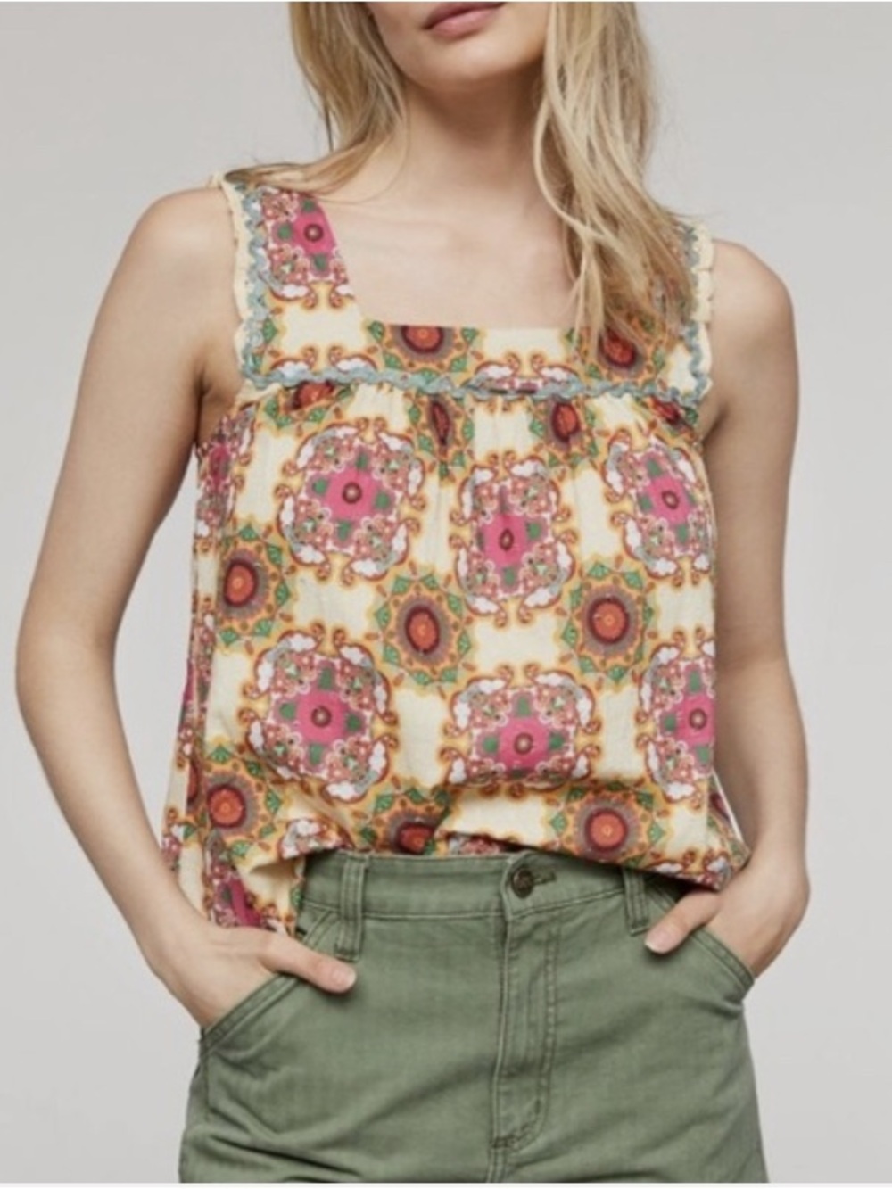 Anthropologie Let Me Be Boho Medallion Tank Top Sz 8 Swiss Dot Babydoll